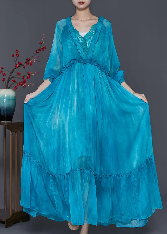 Women's Seasonal Attire Snag Fabulous Fashion Bargains Modern Peacock Blue Ruffled Patchwork Chiffon Maxi Dress Spring