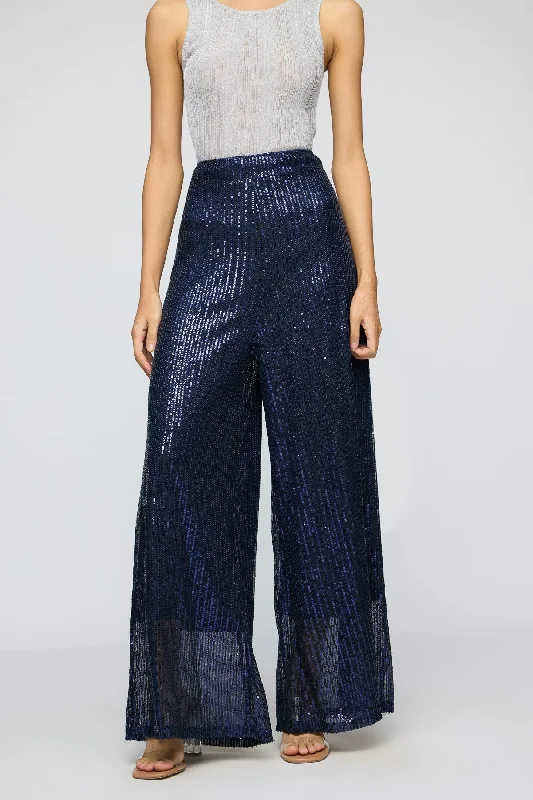 Women's High-Fashion Apparel Wardrobe Upgrade Moonlight Navy Sequin Flare Fit Korean Pants