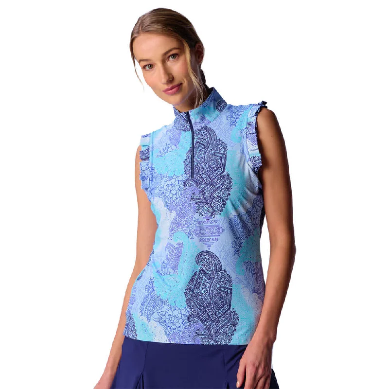 Timeless Women's Apparel Women’S Urban Fashion G Lifestyle Half Zip Ruffle Sleeveless Top - Blue Paisley