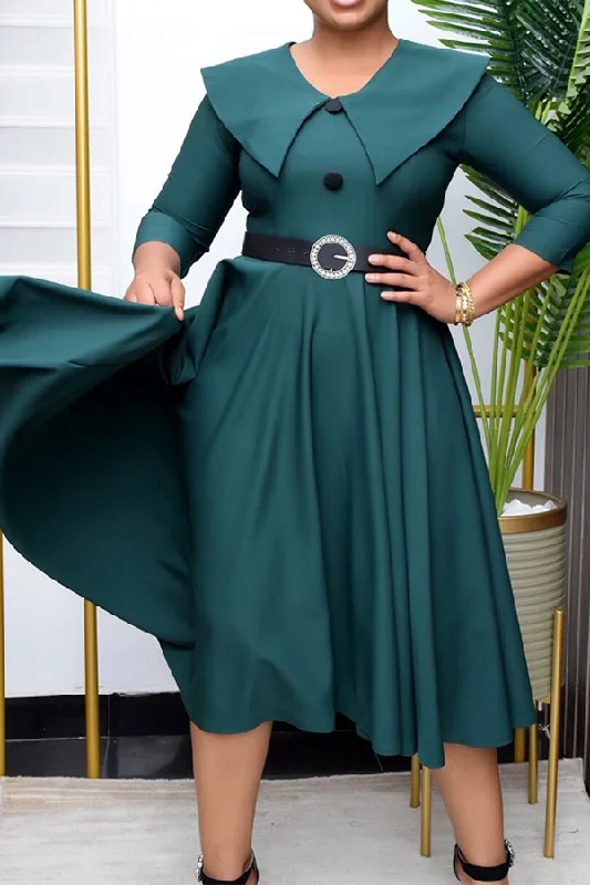 Women's Evening Clothing Ends Soon Solid Color On-trend Belted A-Line Midi Dress