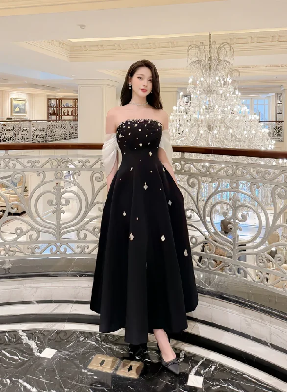 Women's Casual Wear Clothes Stylish Savings Elegant Black Off Shoulder A-Line Beading Long Party Dress Evening Gown MD7550