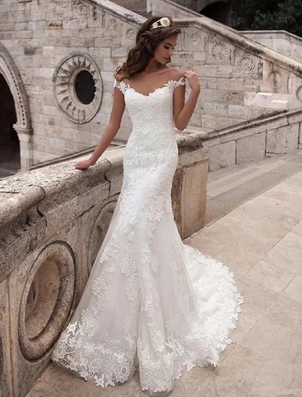 Women's Layered Outfit Playful Elegance Engagement Open Back Formal Wedding Dresses Short Sleeve Off Shoulder Lace Applique