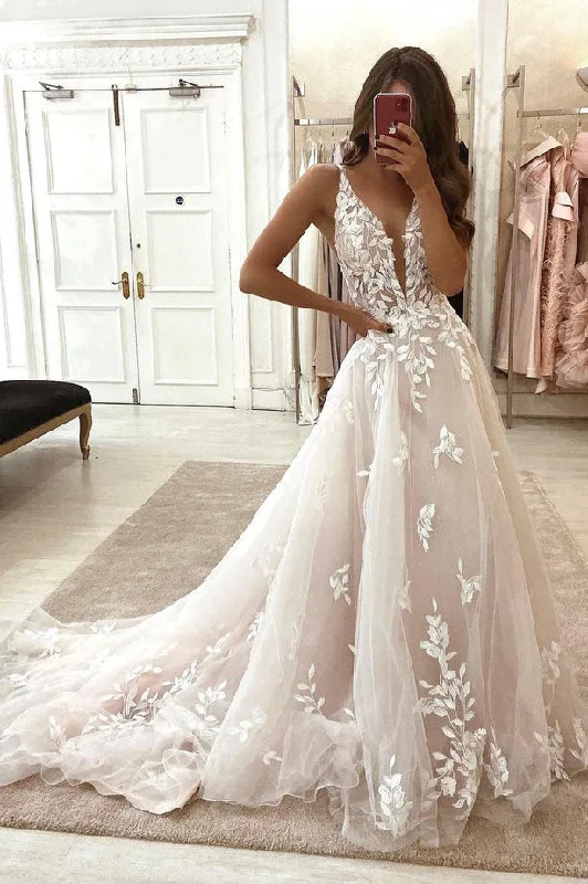 Women's Vacation Outfit Sophisticated Cut Elegant A Line V Neck Tulle Wedding Dresses with Appliques N097