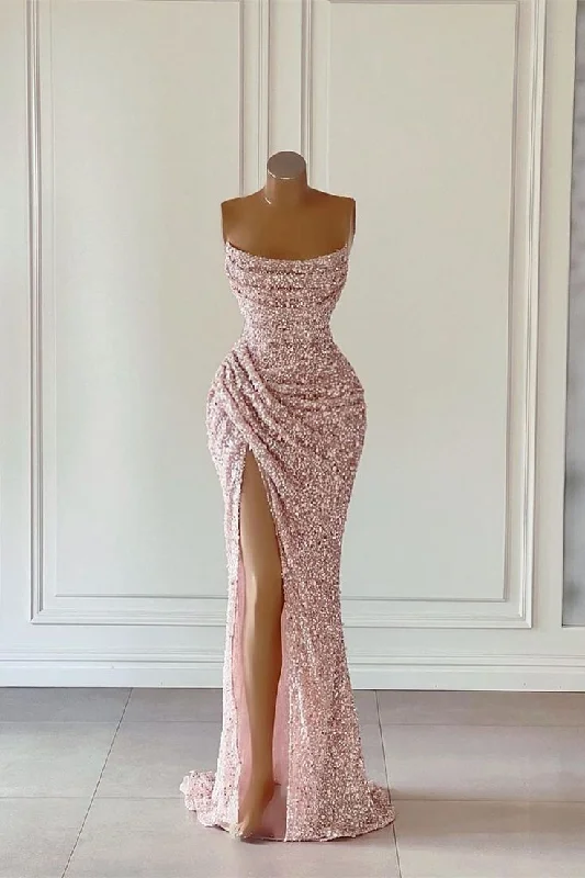 Women's Plus-Size Outfit Winter Warm - Up Sale Gorgeous Pink Sequined Sleeveless Prom Dress With Slit gh2723