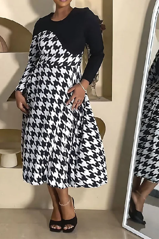 Women's Holiday Clothing Fashion Essentials Patchwork Houndstooth On-trend A-Line Midi Dress