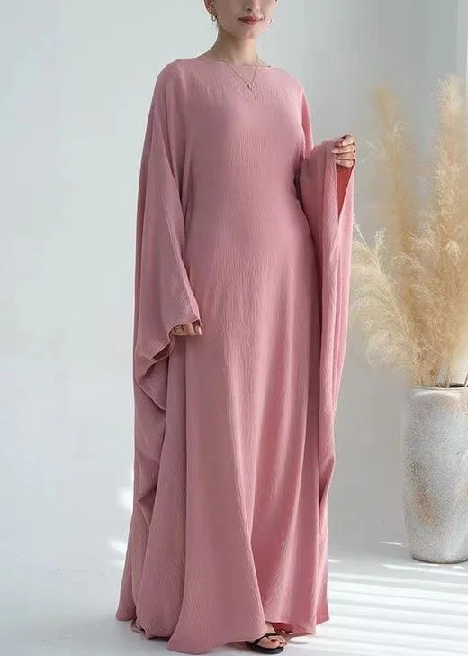 Women's Holiday Attire Athleisure Wear Special Offer Loose Pink O Neck Solid Ice Silk Maxi Dresses Batwing Sleeve