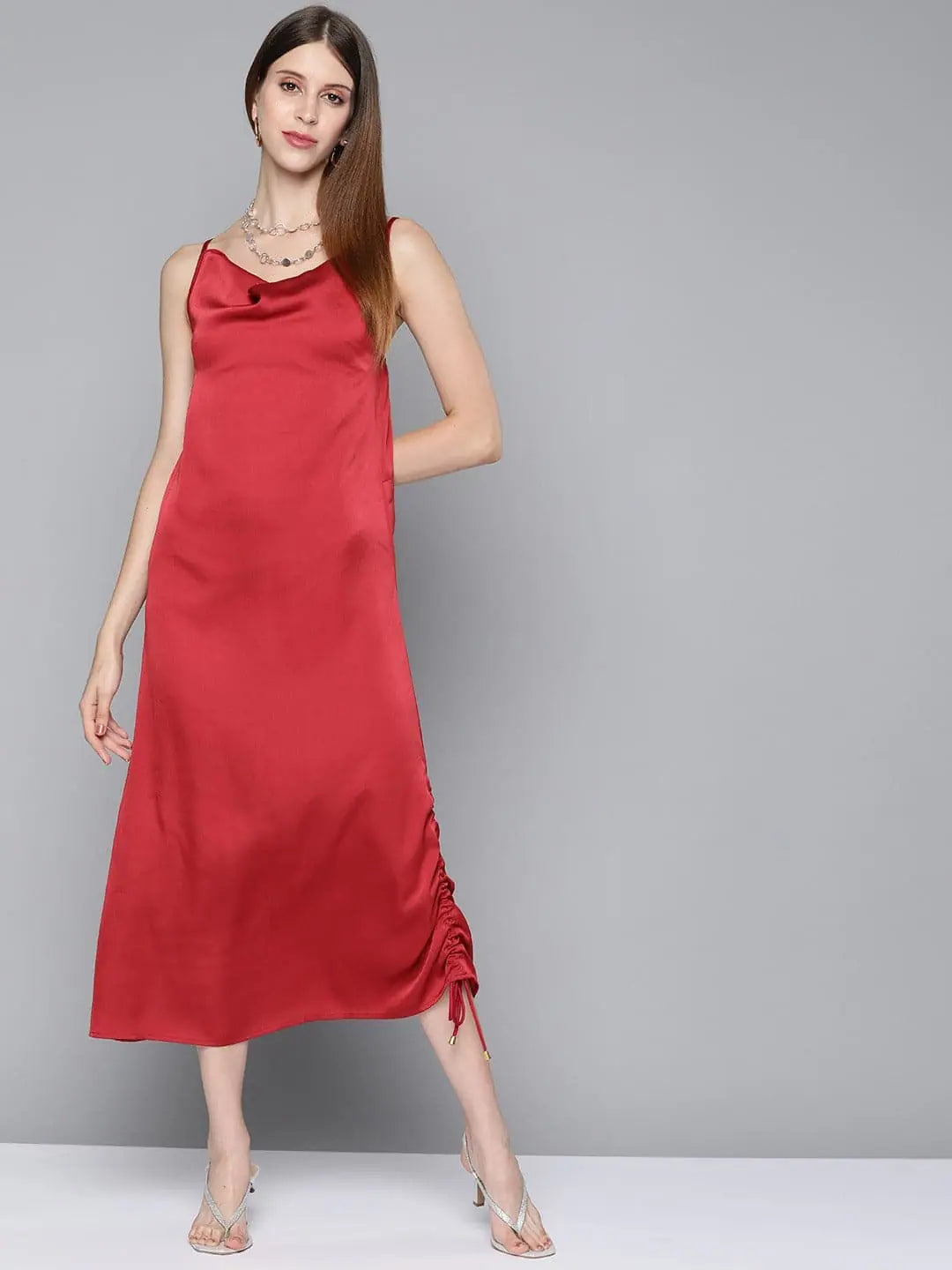 Comfortable Lounge Clothing Innovate Your Wardrobe Maroon Satin Side Rouching Slip Dress