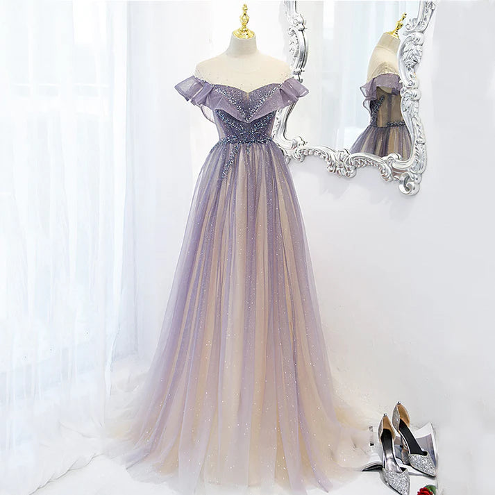 Women's Holiday Clothes Evening Elegance Purple Shiny A Line Tulle Prom Dress Off Shoulder Long Evening Gown MD7564