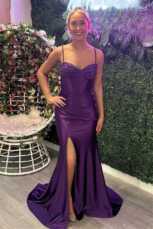 Women's Office Clothing Timeless Elegance Redefined Grape Mermaid Straps Beaded Satin Long Prom Dress with Slit gh2923