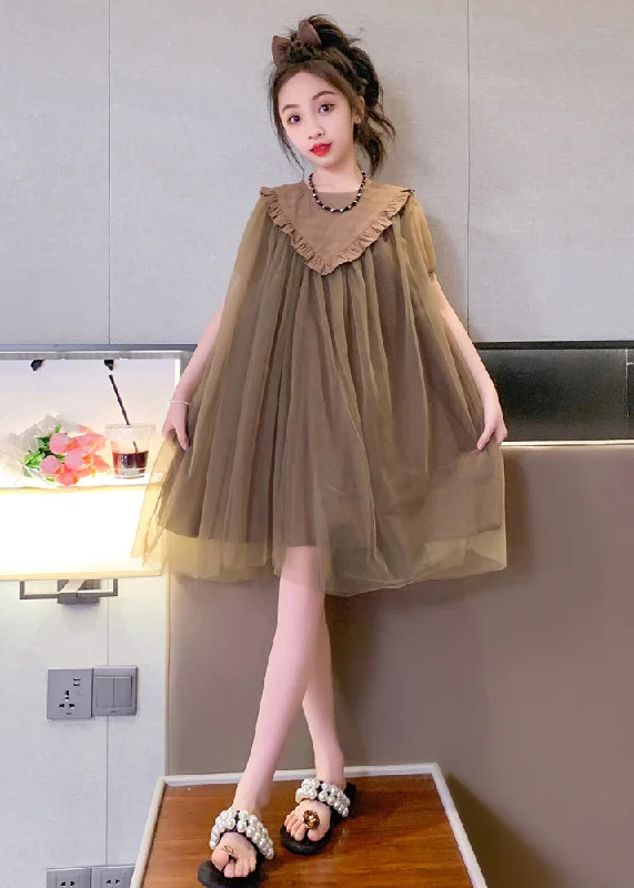 Women's Luxury Attire Season Appropriate Women's Collection Simple Coffee O-Neck Patchwork Layered Tulle Kids Maxi Dresses Short Sleeve