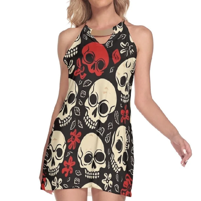 Women's Holiday Apparel Evening Looks Women's Red White Skulls Round Neck Above Knee Sleeveless Dress