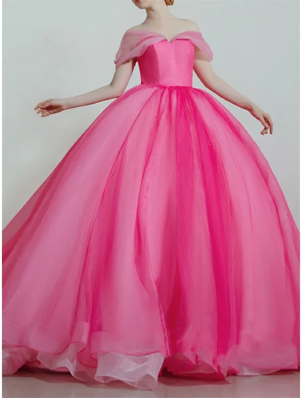 Women's Trendy Clothes Big Savings Ball Gown Prom Dresses Luxurious Dress Quinceanera Prom Sweep / Brush Train Short Sleeve Off Shoulder Organza with Sleek Pleats