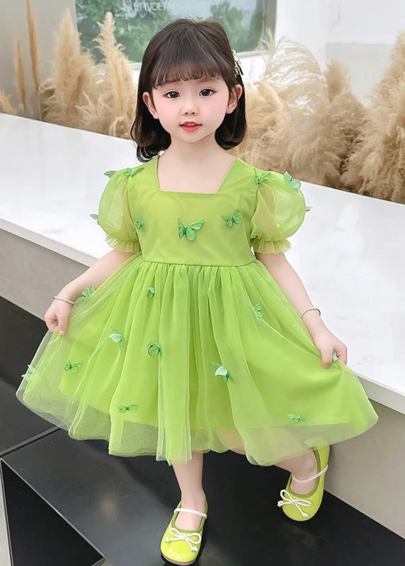 Women's Evening Wear Attire Signature Style Essentials Green Patchwork Wrinkled Tulle Kids Maxi Dresses Short Sleeve