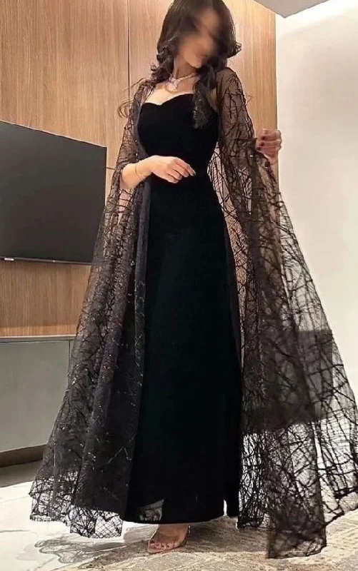 Women's Contemporary Apparel Cool Prices Modest Black Spaghetti Straps Sheath Long Formal Prom Gown with Shawl MD7600