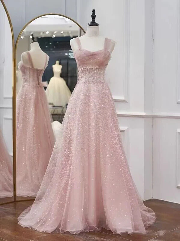 Women's Casual Apparel For Weekends Fashion-Forward Pink A-Line Sequin Tulle Princess Prom Dress Birthday Party Gown MD7662