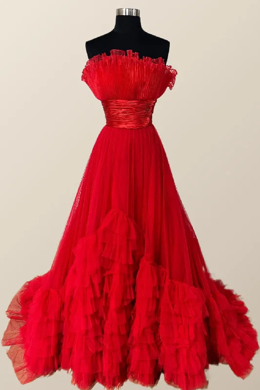 Comfortable Women's Clothes Day-To-Night Styles Fit and Flare Red Tulle Ruffles Long Formal Gown