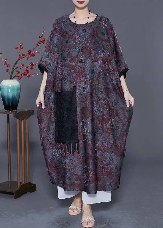 Women's Travel Outfit Set Comfortable Chic Italian Oversized Patchwork Tassel Silk Maxi Dresses Batwing Sleeve