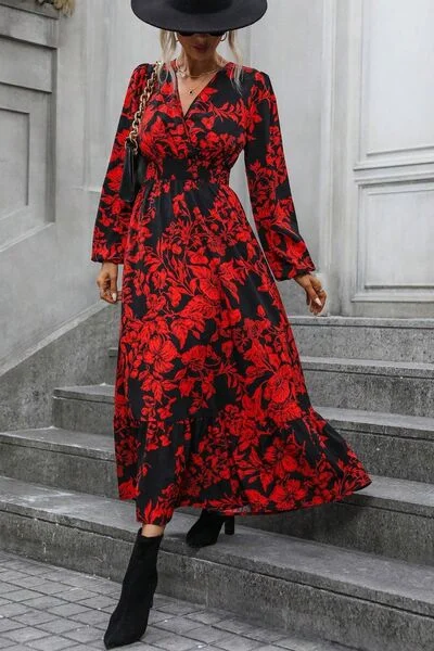 Chic Clothing For Women Limited Time Printed Surplice Balloon Sleeve Midi Dress