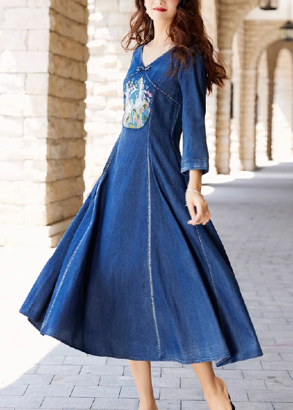 Women's Activewear Attire Style Your Wardrobe French Denim Blue V Neck Patchwork Pockets Maxi Dresses Spring