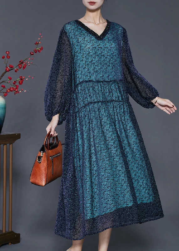 Women's Effortless Casual Outfit Everyday Basics Handmade Blue V Neck Print Silk Maxi Dresses Spring