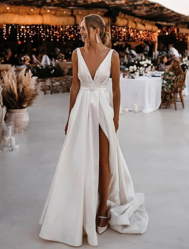 Women's Evening Wear Outfit Art Deco Geometric Pattern Look Beach Open Back Casual Wedding Dresses  A-Line Sleeveless V Neck With Sashes Sash Ribbon