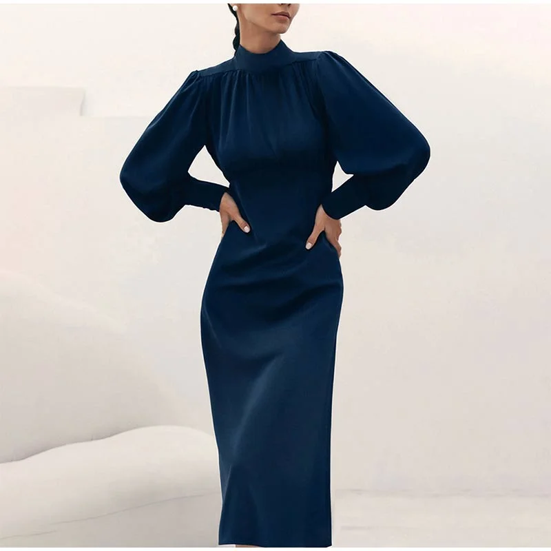 Women's Chic Outerwear Attire The Epitome Of Modern Women's Fashion Alana Solid Turtleneck Lantern Sleeve Maxi Dress