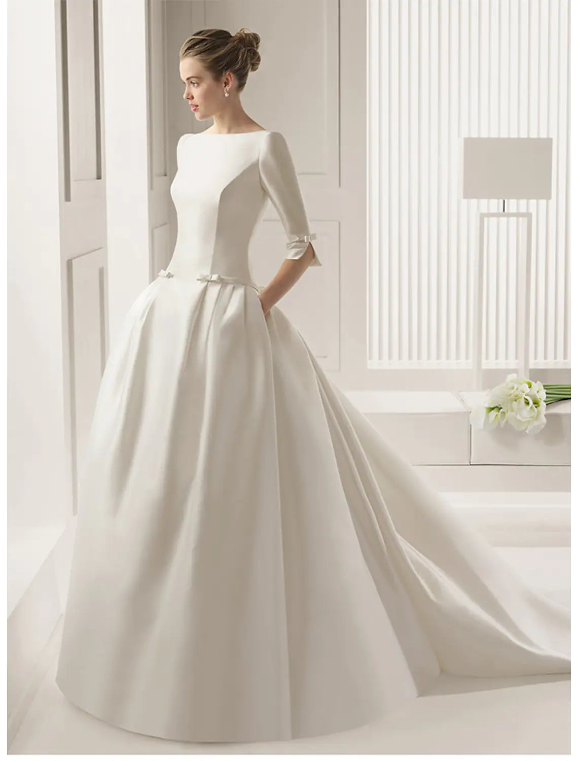 Women's Relaxed Outfit Minimalist Office - Ready Style Engagement Formal Wedding Dresses A-Line Half Sleeve With Bow(s) Pleats