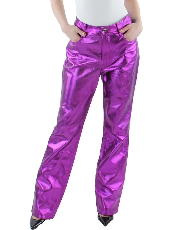 Stylish Women's Garments For Holidays Luxury Comfort Womens Faux Leather Metallic Straight Leg Pants