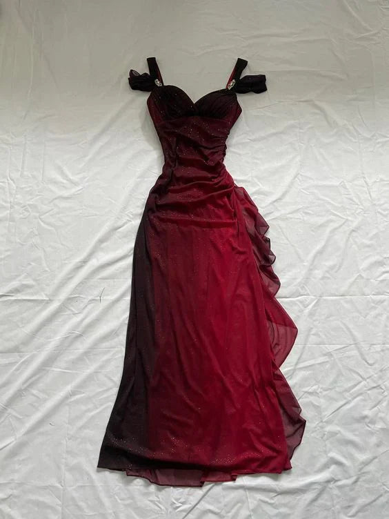 Women's Clothes Stylish Looks Burgundy A Line Shiny Long Prom Dress Ruffled Evening Gown MD7587