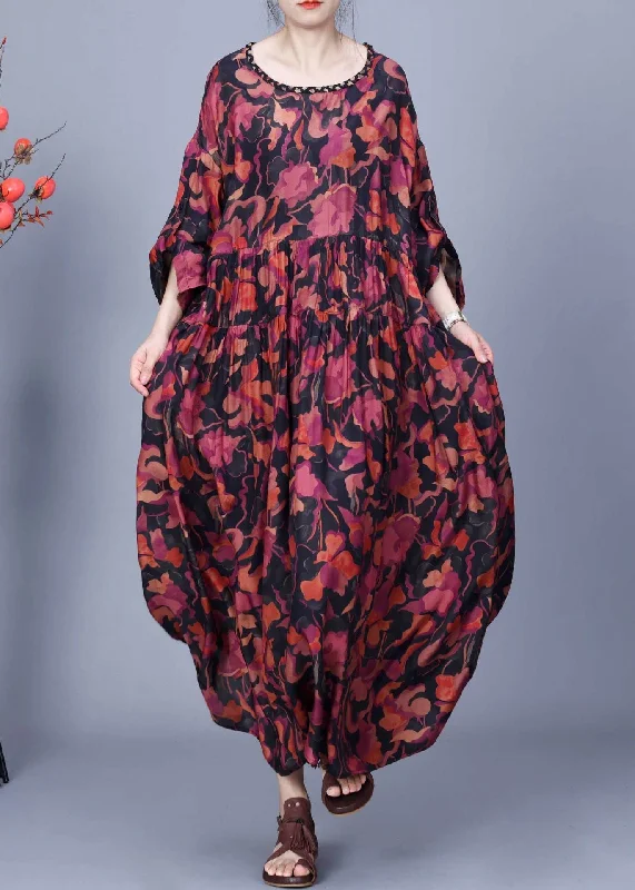 Women's Office Attire New Season Fashion Preview Red Print Wrinkled Silk Maxi Dress O Neck Bracelet Sleeve