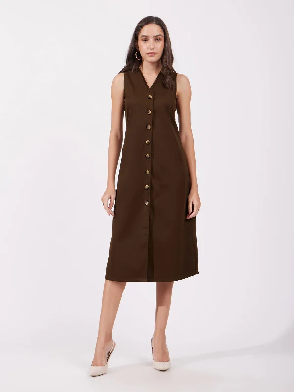 Classic Clothes For Women Stylish Spring Fashion Shift Midi Dress - Brown