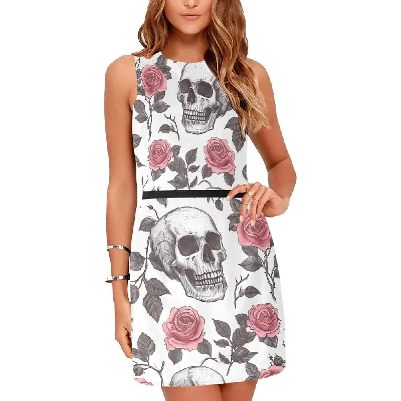 Women's Athletic Apparel Casual Chic Women's Pink Roses And Skulls Sleeveless Dress