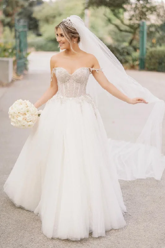 Comfortable Outfit For Women Subtle Sophistication A Line Sweetheart Tulle Wedding Dresses with Beading N095