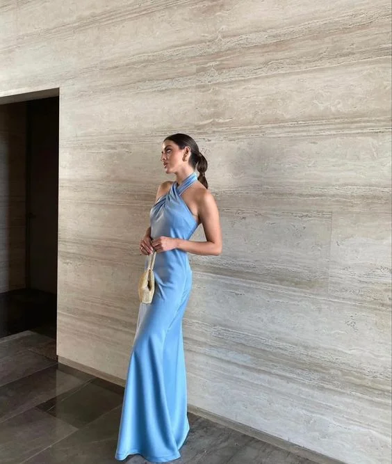 Affordable Fashion Clothing For Women Elegant Attire For The Modern Lady Blue halter neck satin long prom dress gh2891