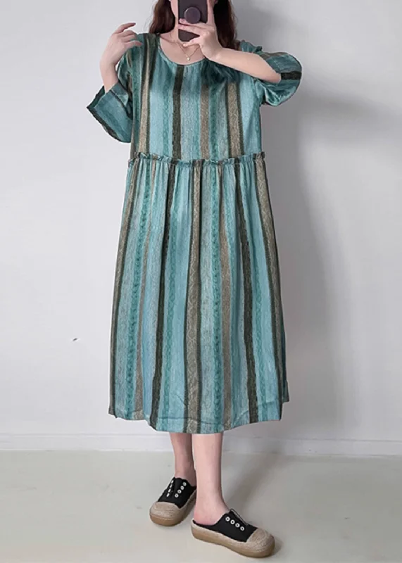 Women's Holiday Attire Trend Setting Wardrobe Green O-Neck Ruffled Wrinkled Silk Cotto Maxi Dress Spring