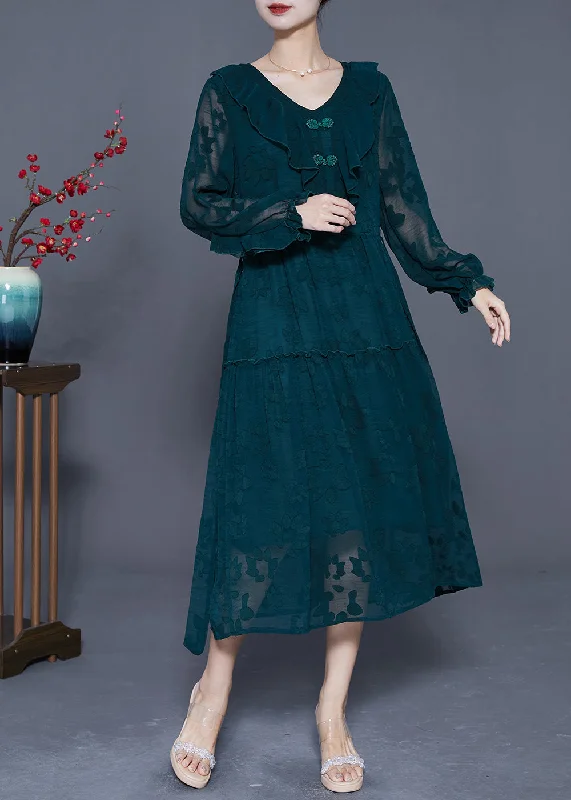 Women's Everyday Attire Trend Forward Women's Wear Beautiful Blackish Green Ruffled Patchwork Silk Maxi Dress Summer