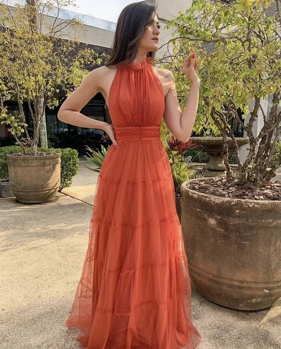 Fashionable Women's Casual Apparel Chic Styles Orange Halter A-Line Tulle Long Formal Party Dress Evening Gown MD7604