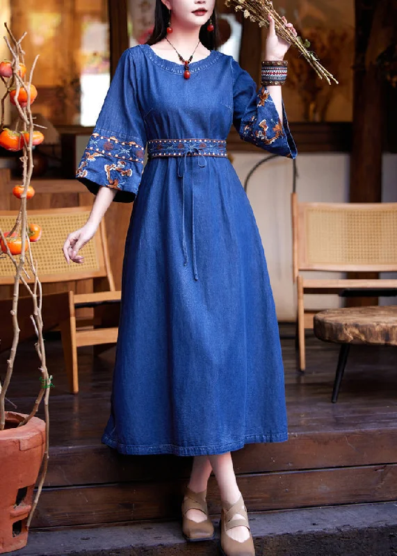 Women's Casual Attire Forward Trendsetter Fashion Denim Navy Patchwork Tie Waist Maxi Dress Flare Sleeve