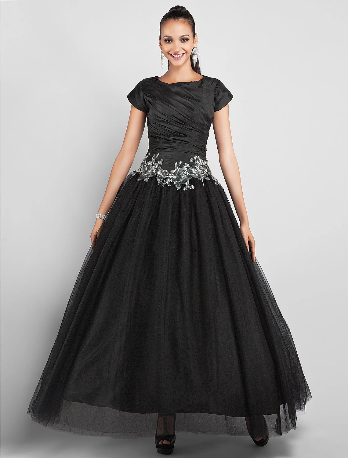 Women's Trendy Activewear Apparel Fashion For Every Occasion Ball Gown Little Black Dress Dress Prom Formal Evening Ankle Length Short Sleeve Jewel Neck Taffeta with Appliques Side Draping