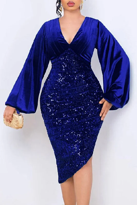 Women's Everyday Clothes Stylish Savings Patchwork Sequined Puff Sleeve Luxe Irregular Midi Dress