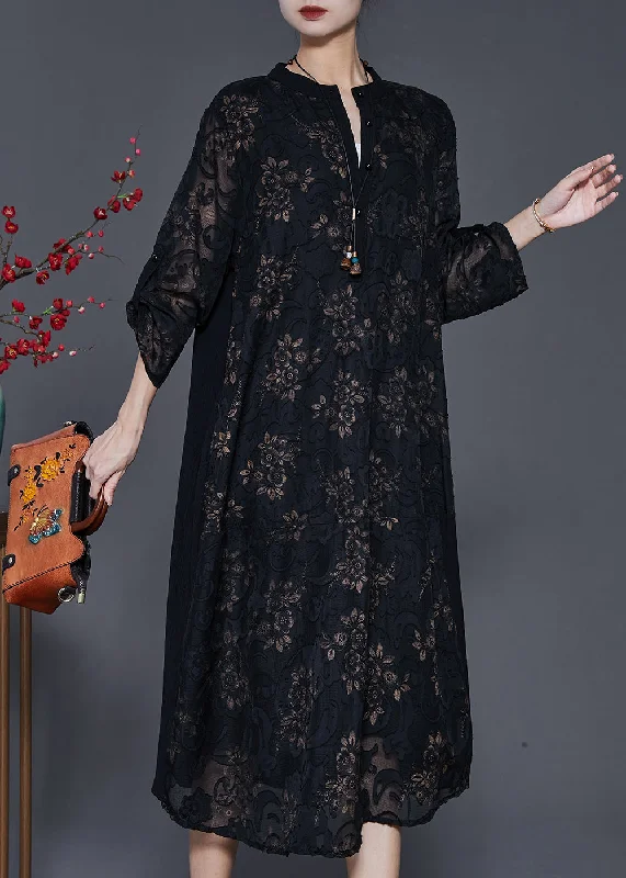 Women's Plus-Size Attire Redefining Women's Fashion Organic Black Oversized Jacquard Cotton Maxi Dresses Spring