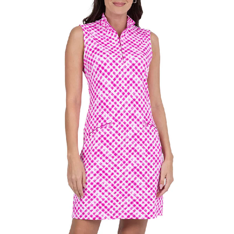 Women's Professional Garments Special Occasion Wear IBKUL Gingham Check Sleeveless Zip Mock Dress - Hot Pink/White