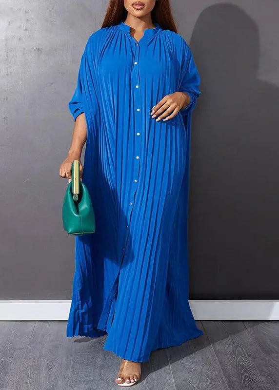 Women's Timeless Attire Trend Setting Threads Blue O-Neck Button Vacation Maxi Dresses Long Sleeve