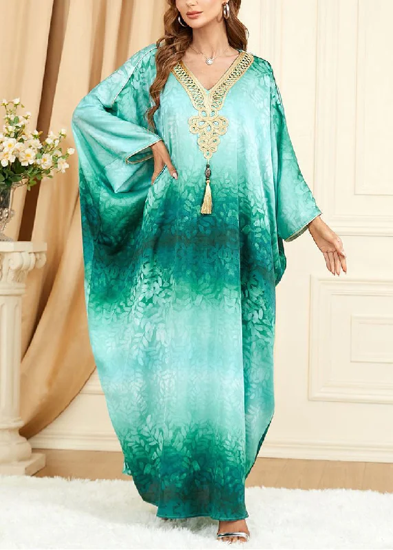 Chic Women's Attire Step Ahead, Lead The Trend French Green V Neck Print Silk Maxi Dresses Batwing Sleeve