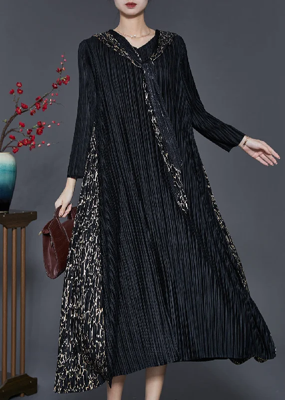 Women's Cozy Winter Attire Elegant Simplicity Wardrobe Bohemian Black Hooded Patchwork Wrinkled Maxi Dresses Spring