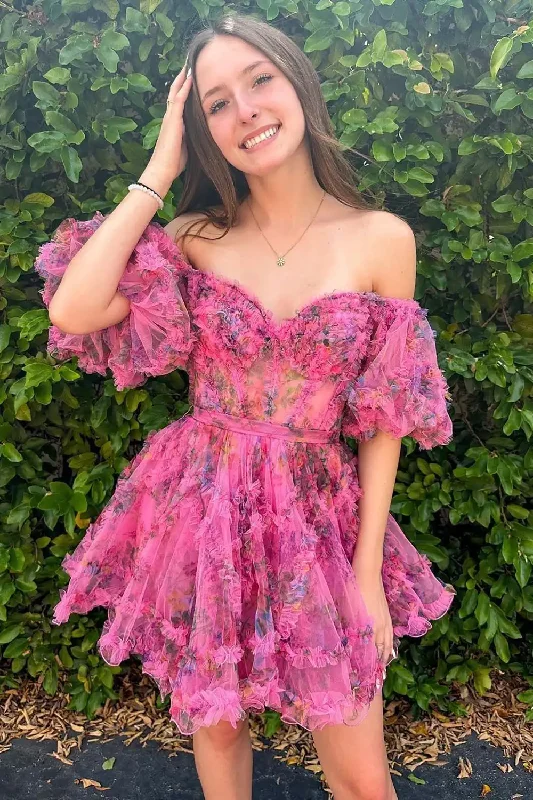 Women's Weekend Outfit Casual Weekend Relaxed Style A Line Off the Shoulder Printed Mini Homecoming Dress Puffy Sleeves Wedding Dress A-line Graduation vestidos coctel elegante