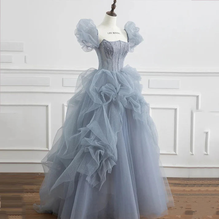 Women's Cozy Clothes Fashion Sale Blue Tulle Princess Ball Gown Puff Sleeves Sweet Evening Dress MD7547