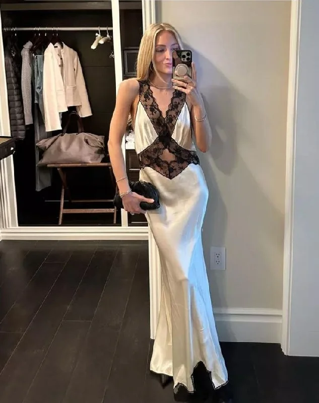 Women's Evening Clothing Break Fashion Norms White/black satin fashion simple lace long slim fit ball gown evening dress gh3085