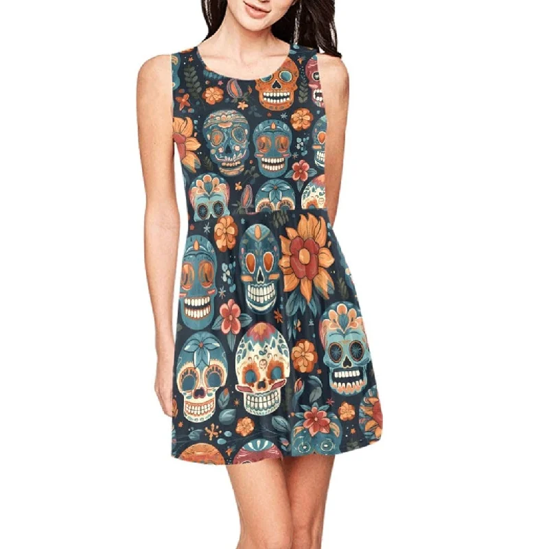 Women's Activewear Apparel Stylish Savings Women's Skulls Flower Sleeveless Skater Dress