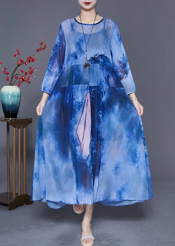 Women's Trendy Attire Comfort First Women's Wear Women Blue Oversized Patchwork Tie Dye Chiffon Maxi Dresses Summer